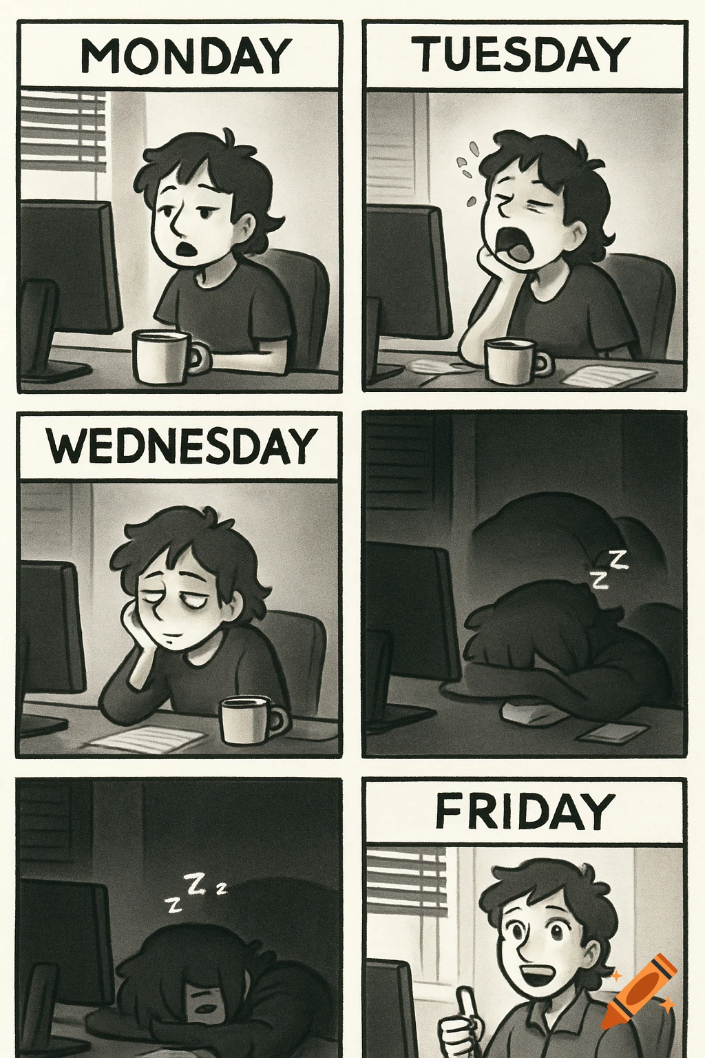 A 6-panel black and white comic shows a person getting increasingly tired from Monday to Thursday, then happy on Friday.