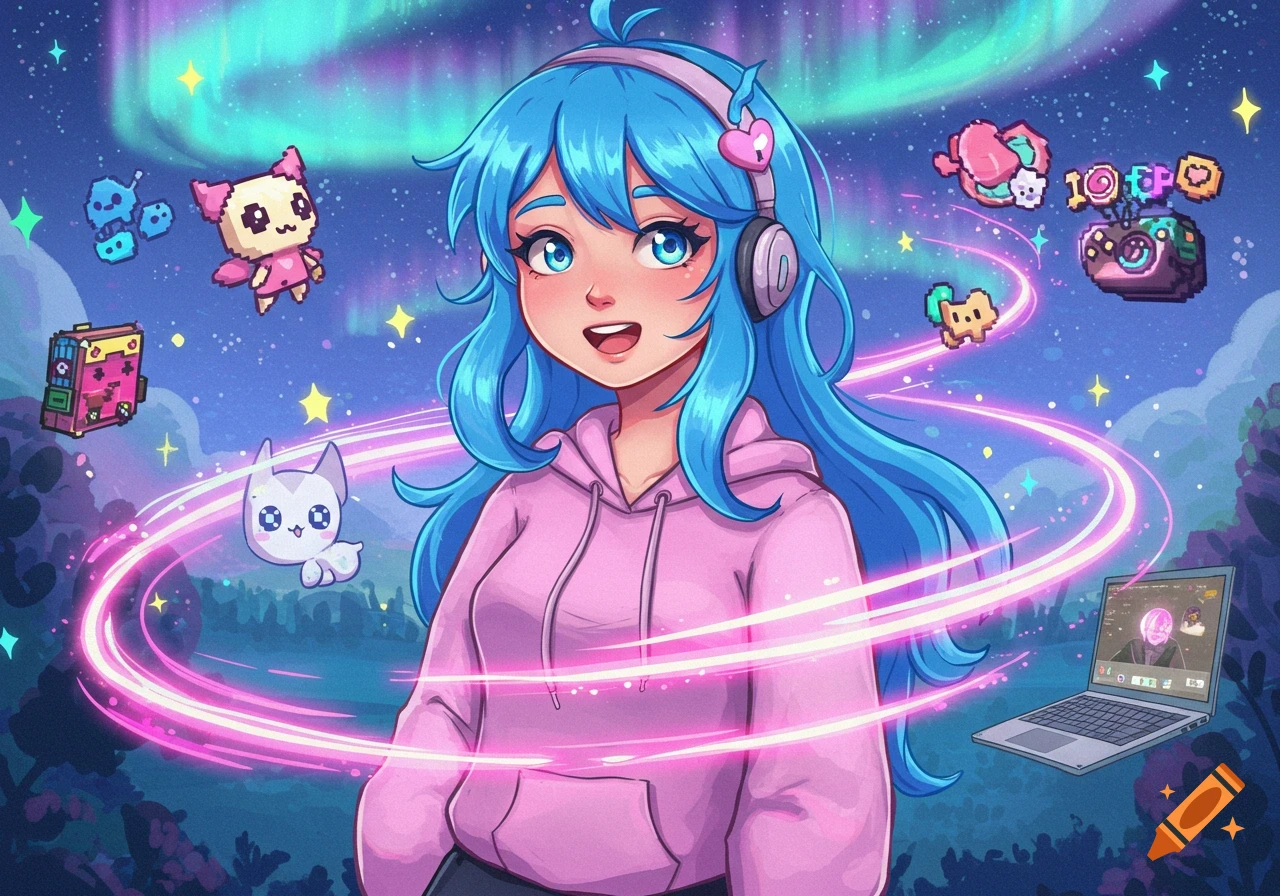 A blue-haired anime girl in a pink hoodie wears headphones, surrounded by floating pixel art creatures and glowing pink energy trails under an aurora-lit night sky. A laptop is to her right.