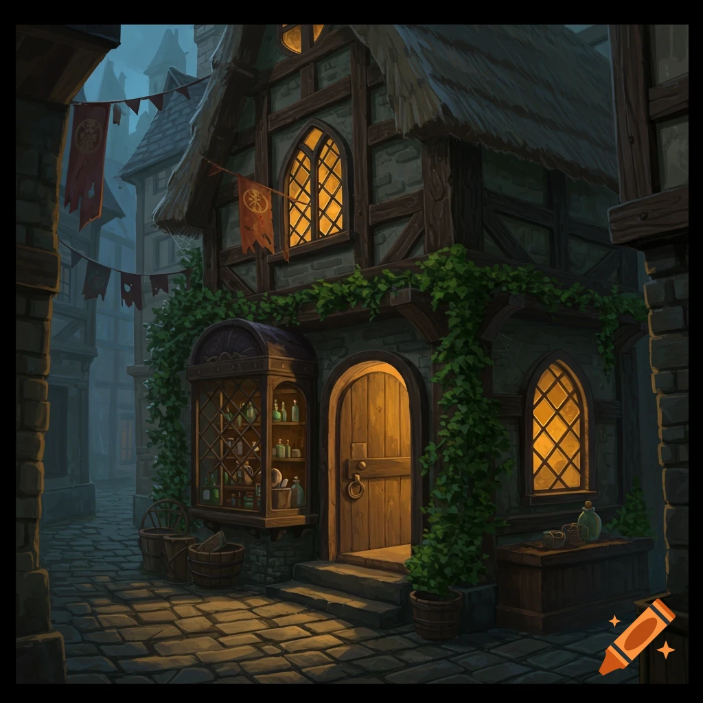 A charming, warmly lit medieval fantasy shop with ivy, banners, and bottles displayed, on a cobblestone street at dusk.