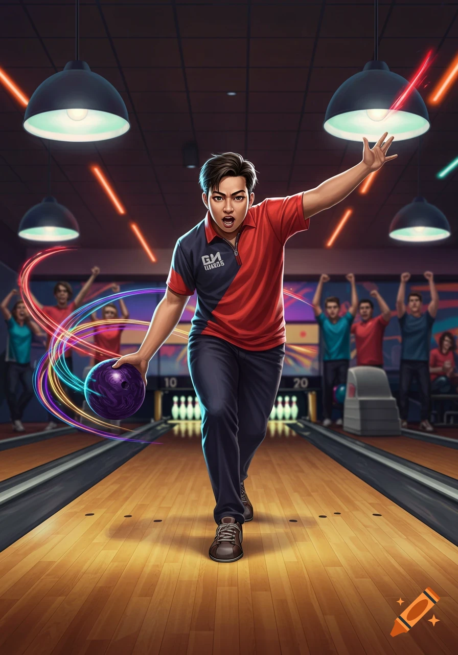 A vibrant illustration of a man bowling, holding a purple ball with light trails, as spectators cheer in a neon-lit alley.