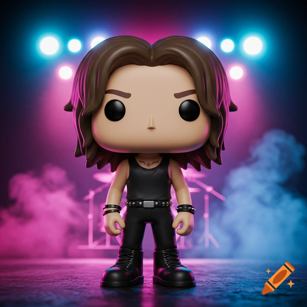 A Funko POP figure of a male rock star with long brown hair, wearing a black tank top, black pants, boots, and bracelets, standing on a stage with pink and blue lights and smoke.