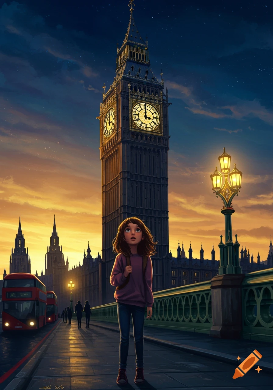A stylized digital painting of a young girl standing on a bridge, looking up at Big Ben in London at sunset. A red bus is in the background.