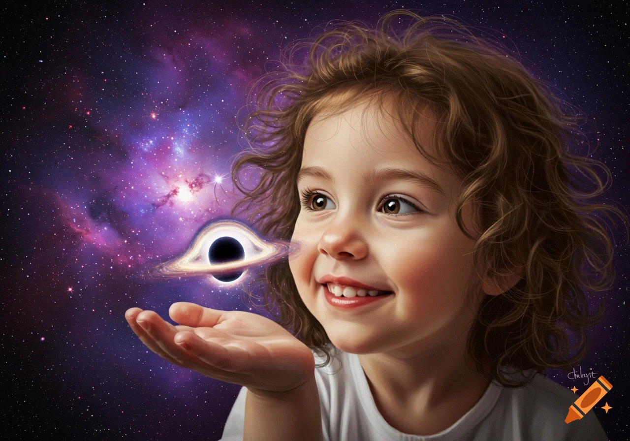 A smiling young girl with curly brown hair holds a glowing black hole in her hand against a vibrant galaxy background.