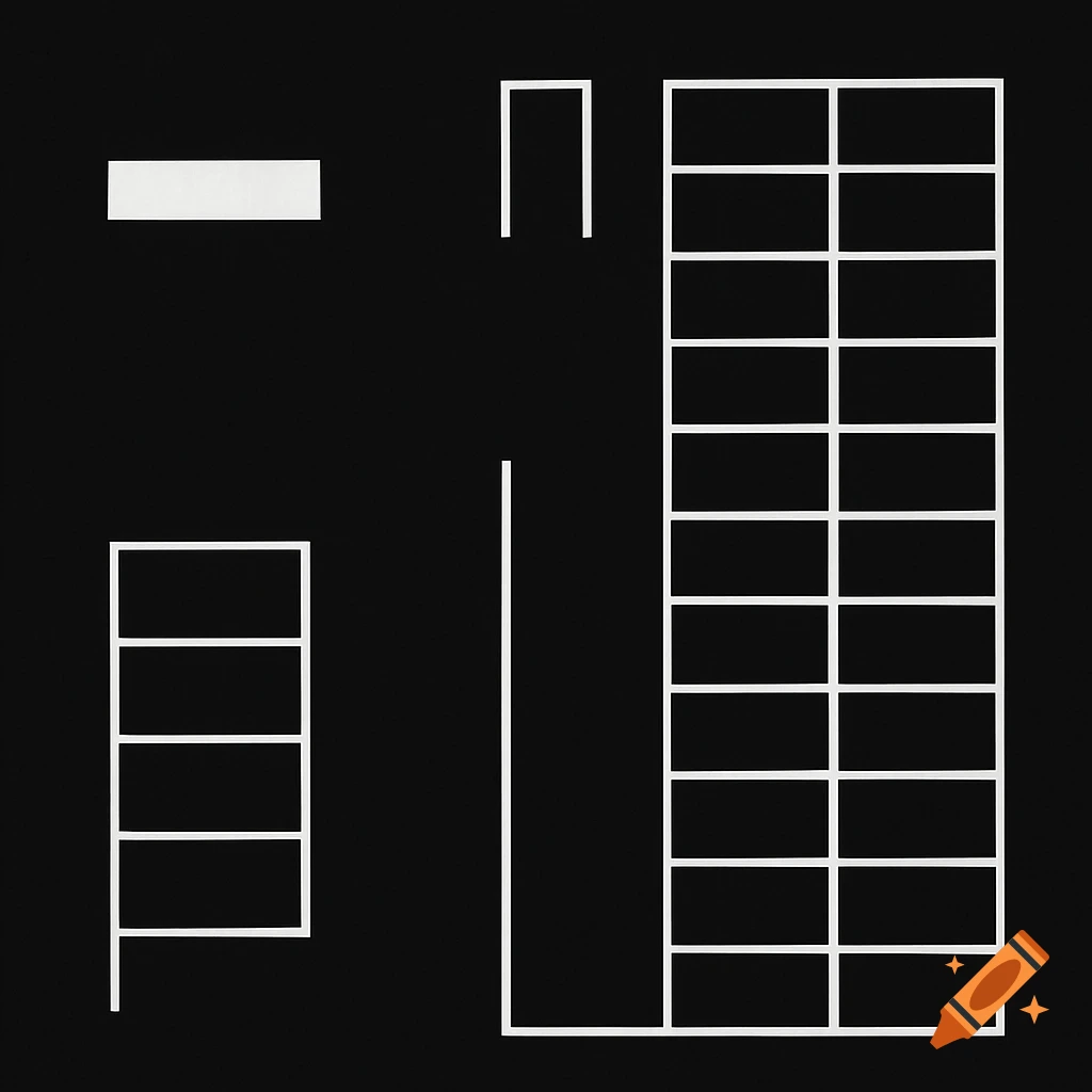 A schematic top-down view of a parking lot, featuring white rectangular parking spaces and driveways against a black background.