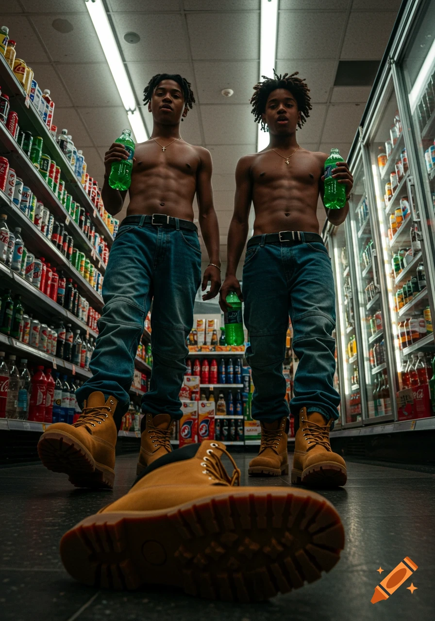 Two shirtless young men in baggy jeans and yellow boots stand in a convenience store, holding green bottles, with a boot in the foreground.