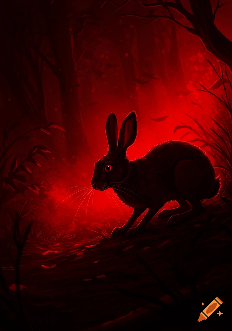 A black hare crouches in a dark forest, dramatically lit by a strong red glow.