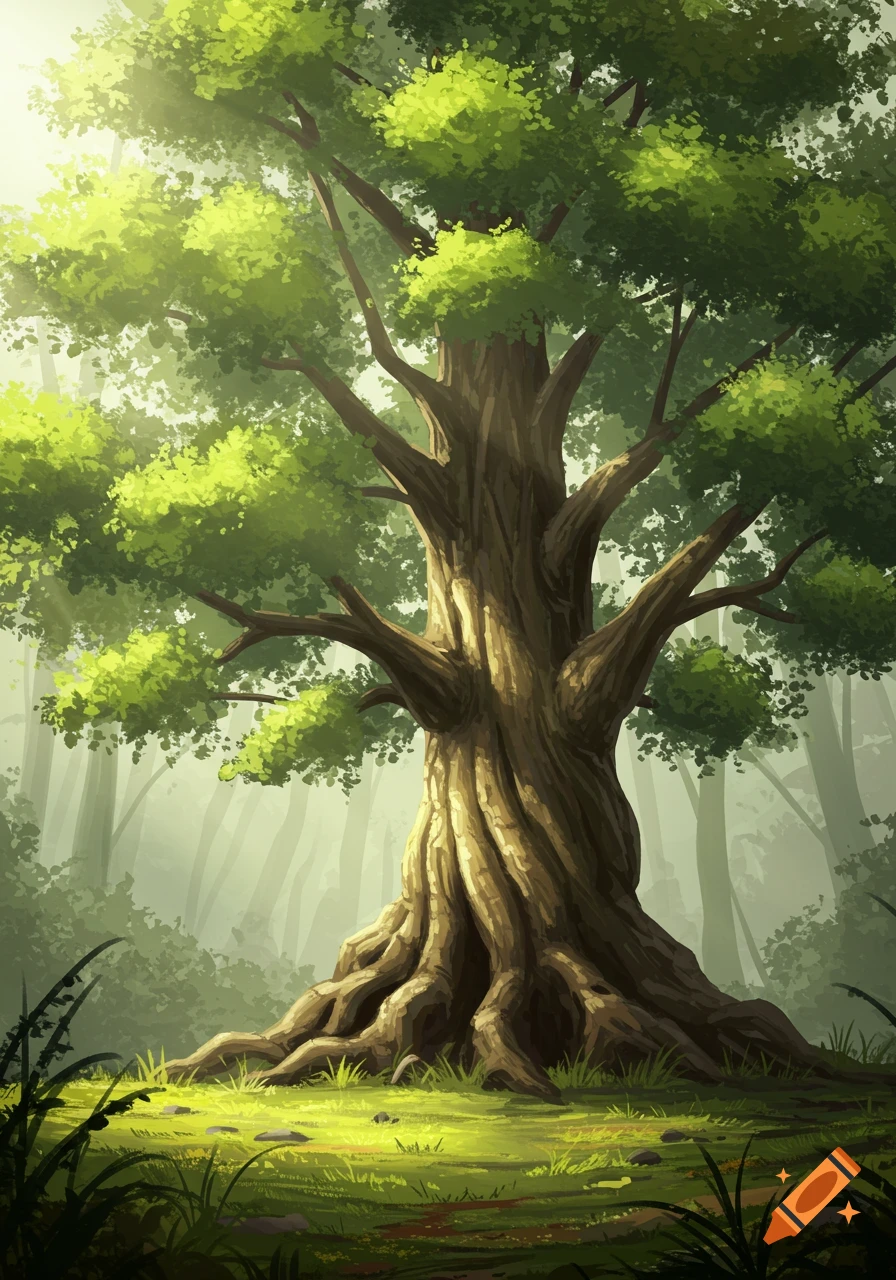 A majestic, gnarled tree with lush green leaves stands tall in a misty, sun-dappled forest, digital illustration.