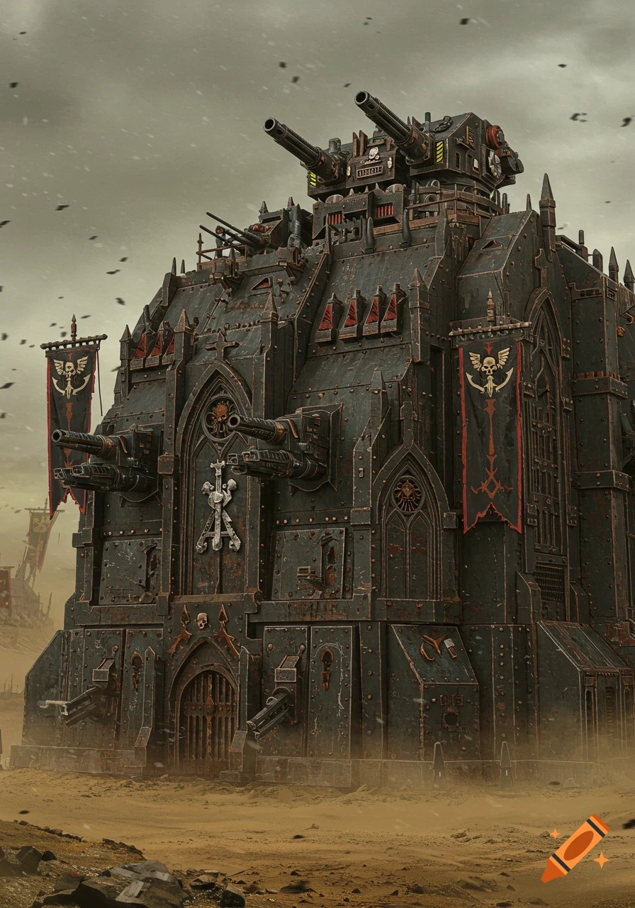A massive, gothic, heavily armored Warhammer 40k war machine stands in a dusty desert under a cloudy sky.