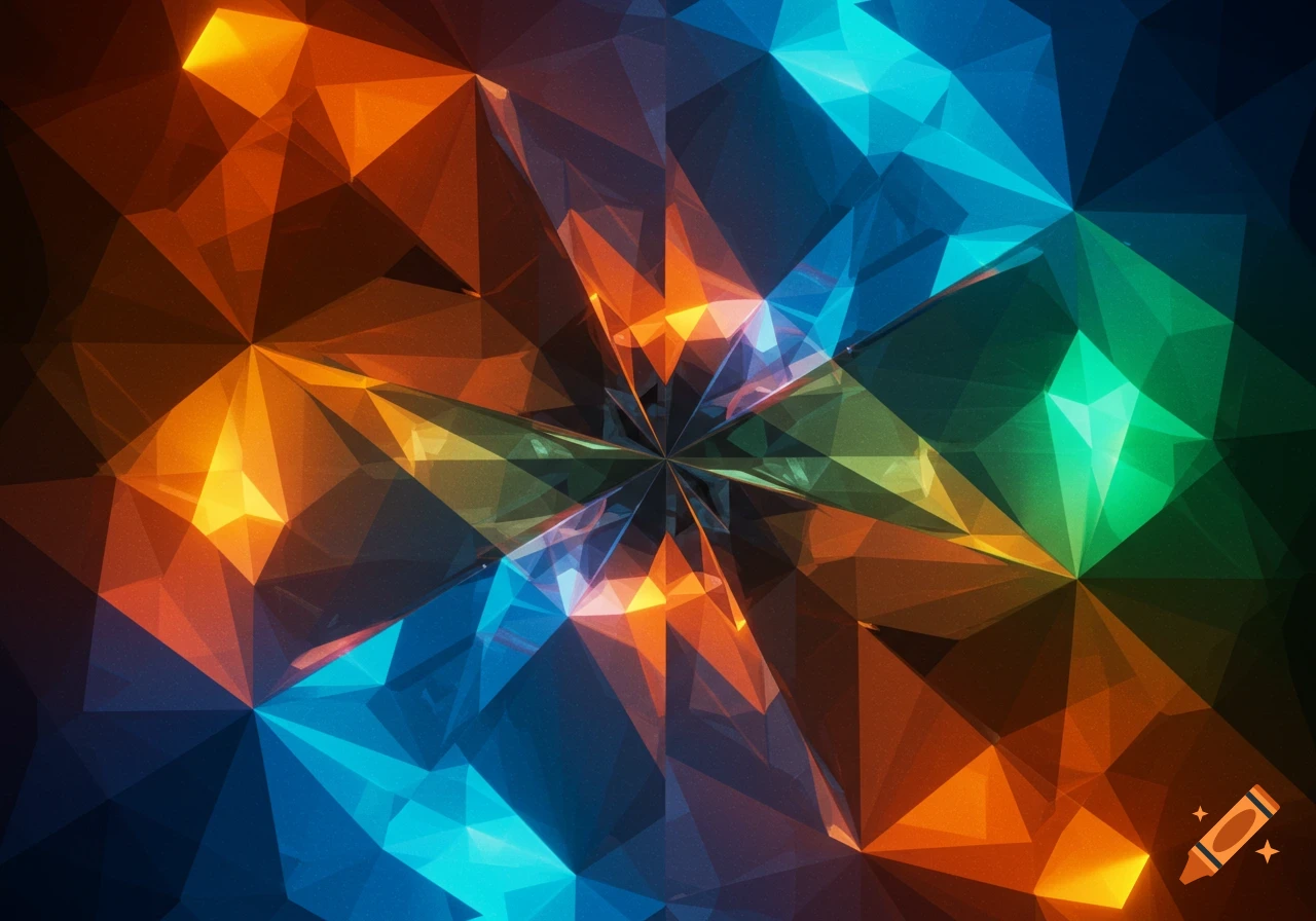 Vibrant abstract geometric facets in orange, blue, and green, resembling a kaleidoscopic gem.
