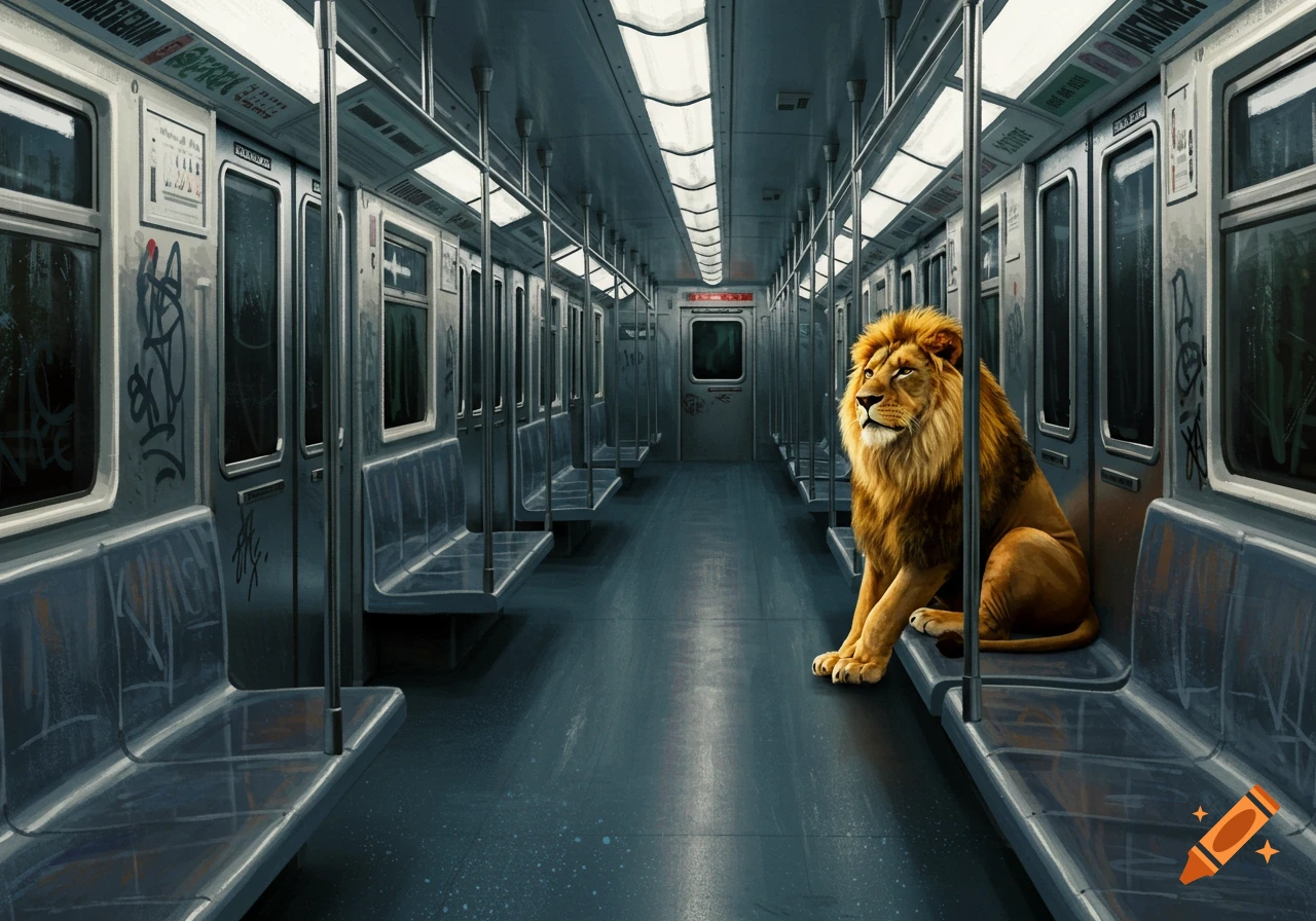 A photorealistic lion sits alone on a seat in a graffiti-covered subway car, looking upwards.
