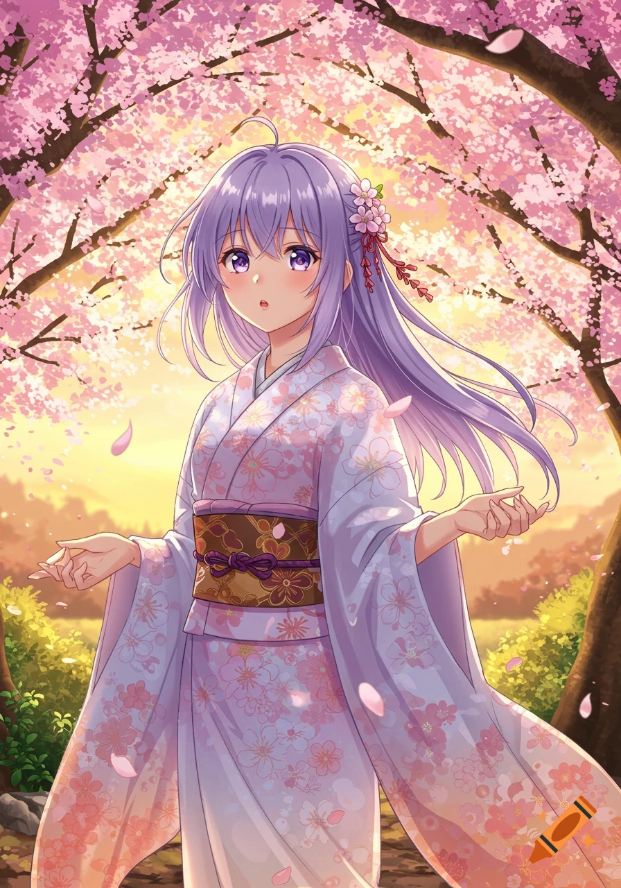 Anime girl in a purple floral kimono standing under pink cherry blossom trees at sunset.