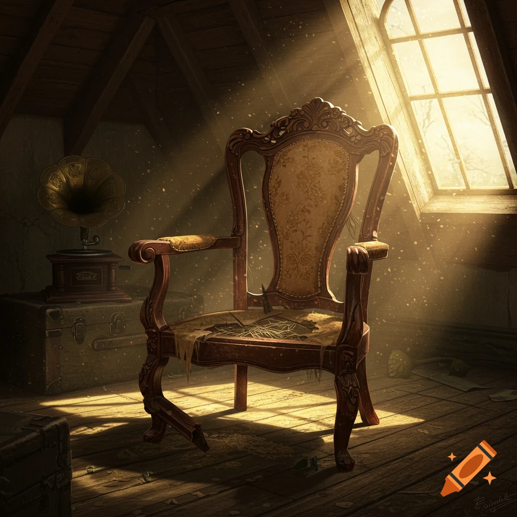 A dusty, sunlit attic with a half-broken ornate Victorian chair, a vintage gramophone, and old trunks, light dust particles floating in the air.