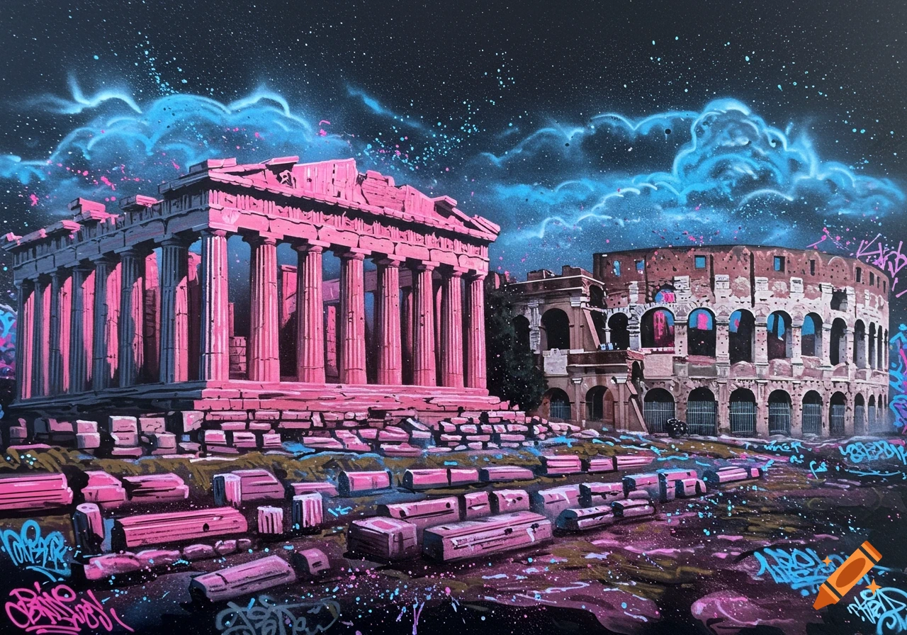 A neon pink Parthenon and Colosseum at night under a blue starry sky, with blue and pink spray paint graffiti in a modern art style.
