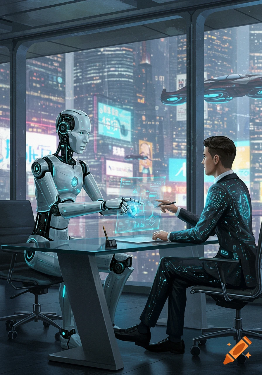 A robot and a human in a futuristic office discussing a holographic interface with a cityscape background.