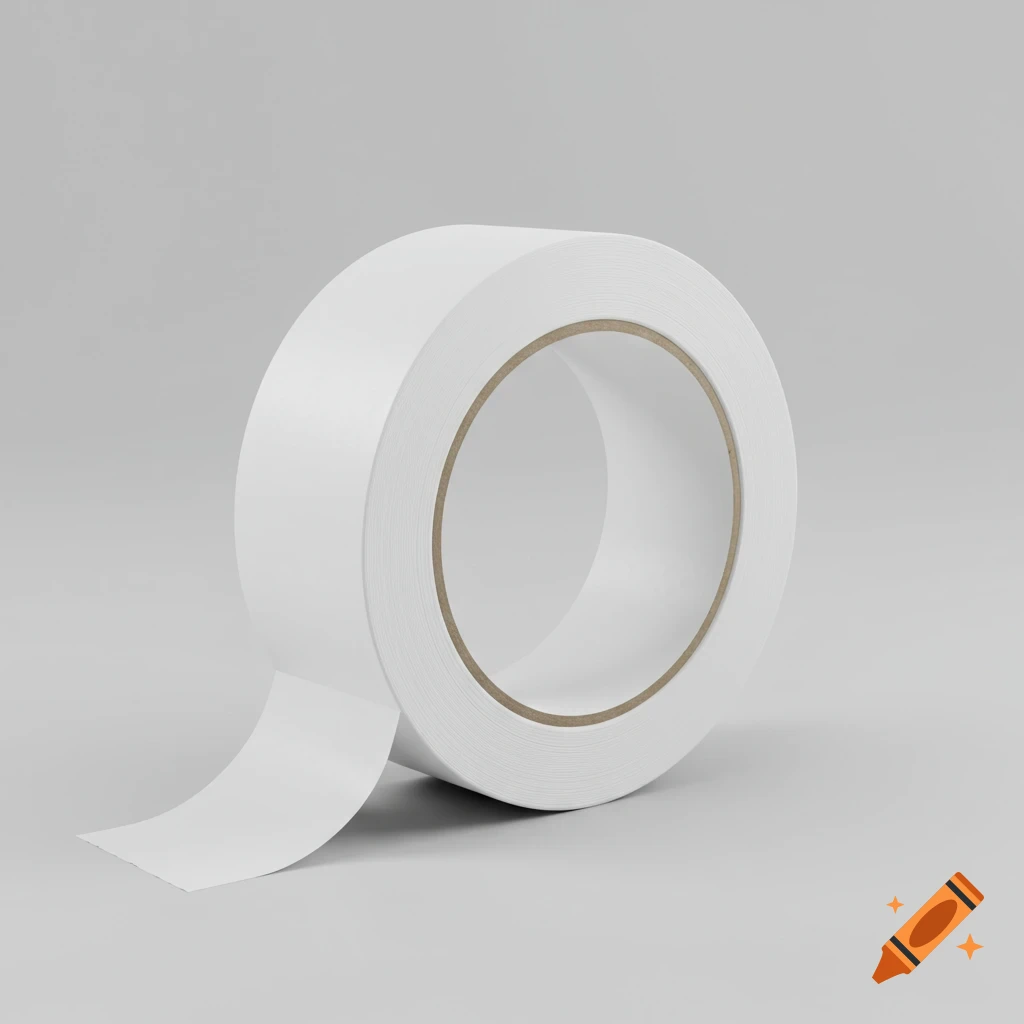 A photorealistic image of a roll of white tape with a brown core, resting on a light grey surface with a piece unrolled.