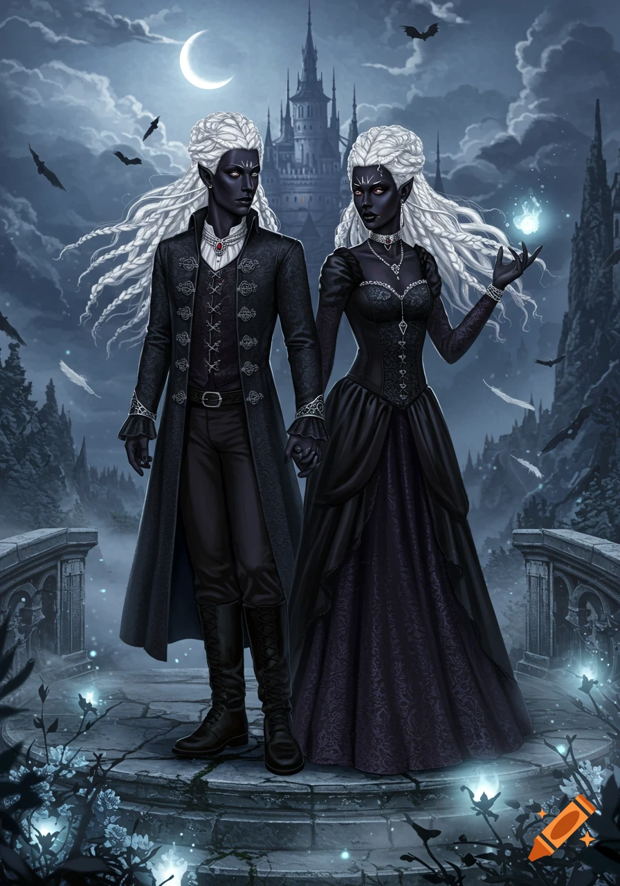 A dark-skinned fantasy couple with white hair in gothic attire stands on a bridge before a castle under a crescent moon, the woman holding a glowing orb.