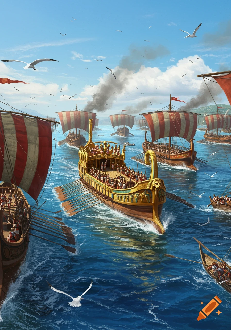 A fleet of ancient triremes and galleys, filled with soldiers, sails on a blue sea under a partly cloudy sky with seagulls.