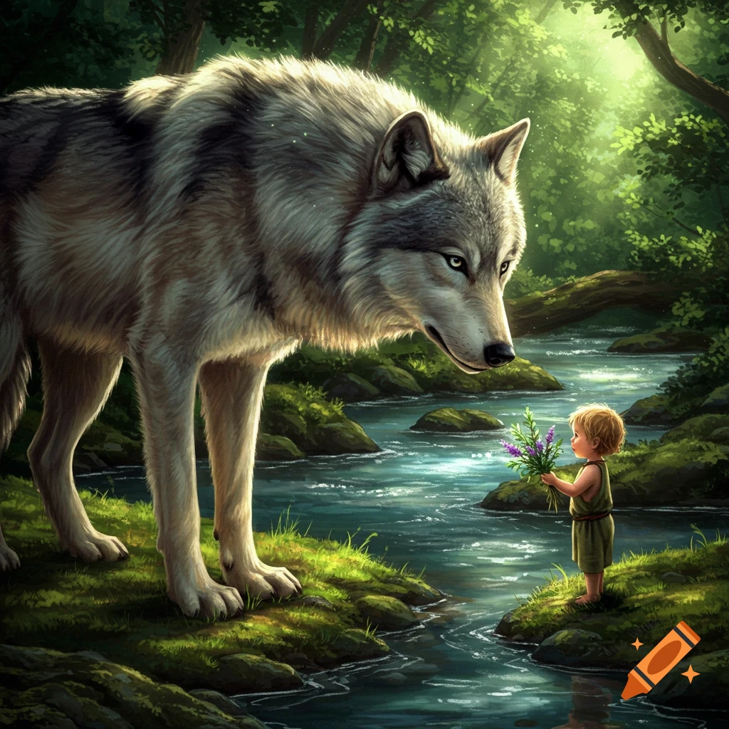 A huge wolf gazes at a small child holding flowers by a flowing forest stream in a lush, illuminated setting.