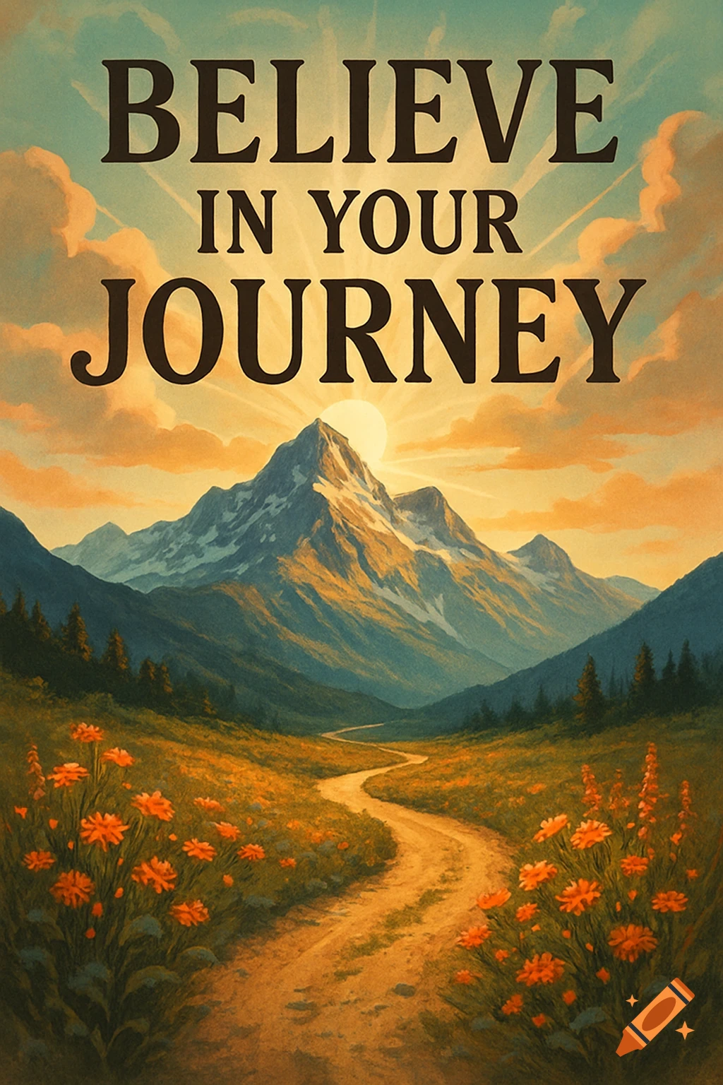 A winding dirt path through a meadow of orange flowers leads to a snowy mountain range under a sunrise, with the text 'BELIEVE IN YOUR JOURNEY' in the sky.