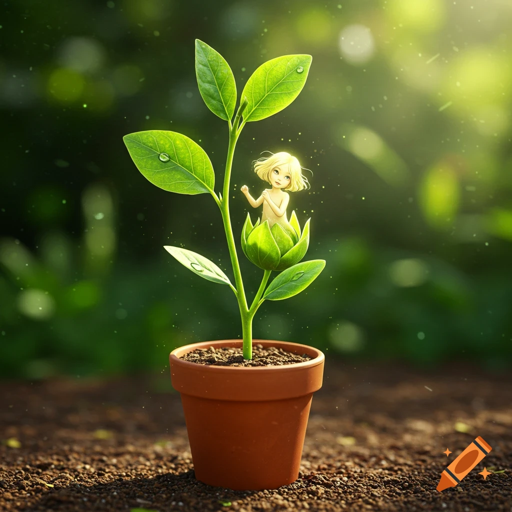 A small blonde fairy emerges from a green plant bud in a terracotta pot on earthy ground, bathed in soft sunlight.