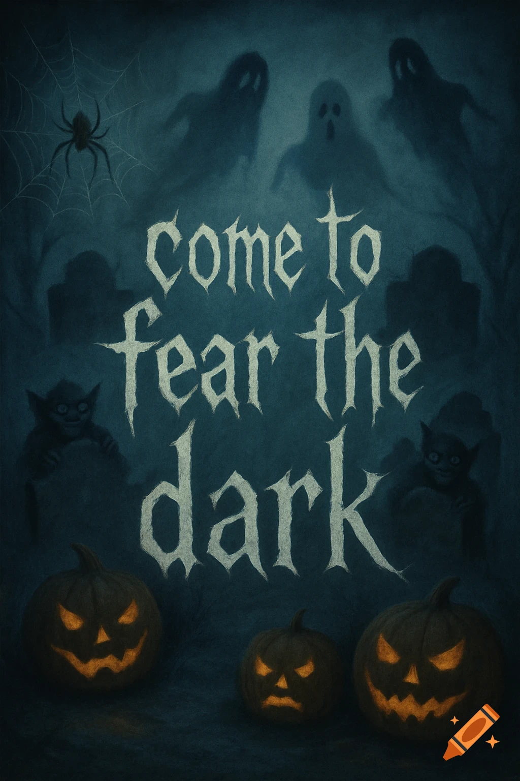Dark Halloween poster with jack-o'-lanterns, goblins, ghosts, a spider, and text 'come to fear the dark'.