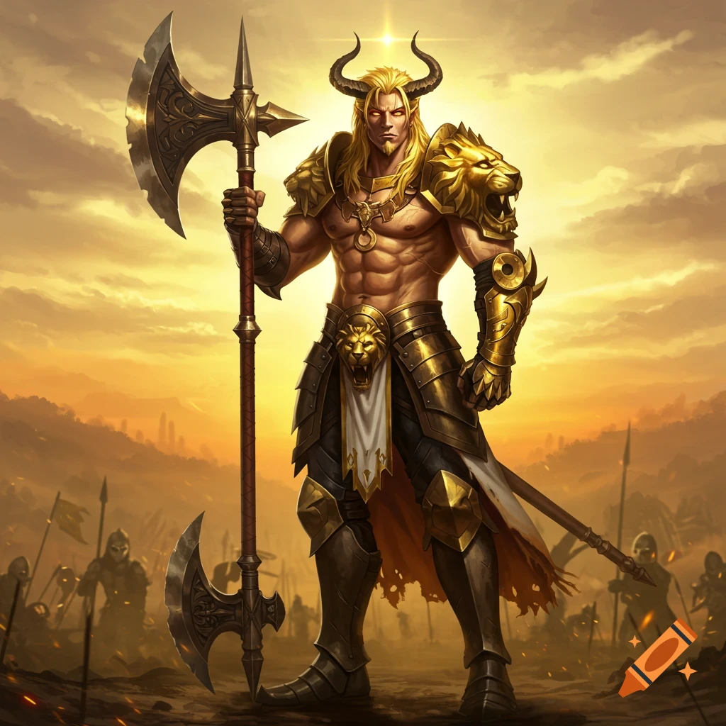 Muscular, horned warrior with golden hair and red eyes, wearing golden lion-themed armor, holding a large axe on a battlefield at sunset.
