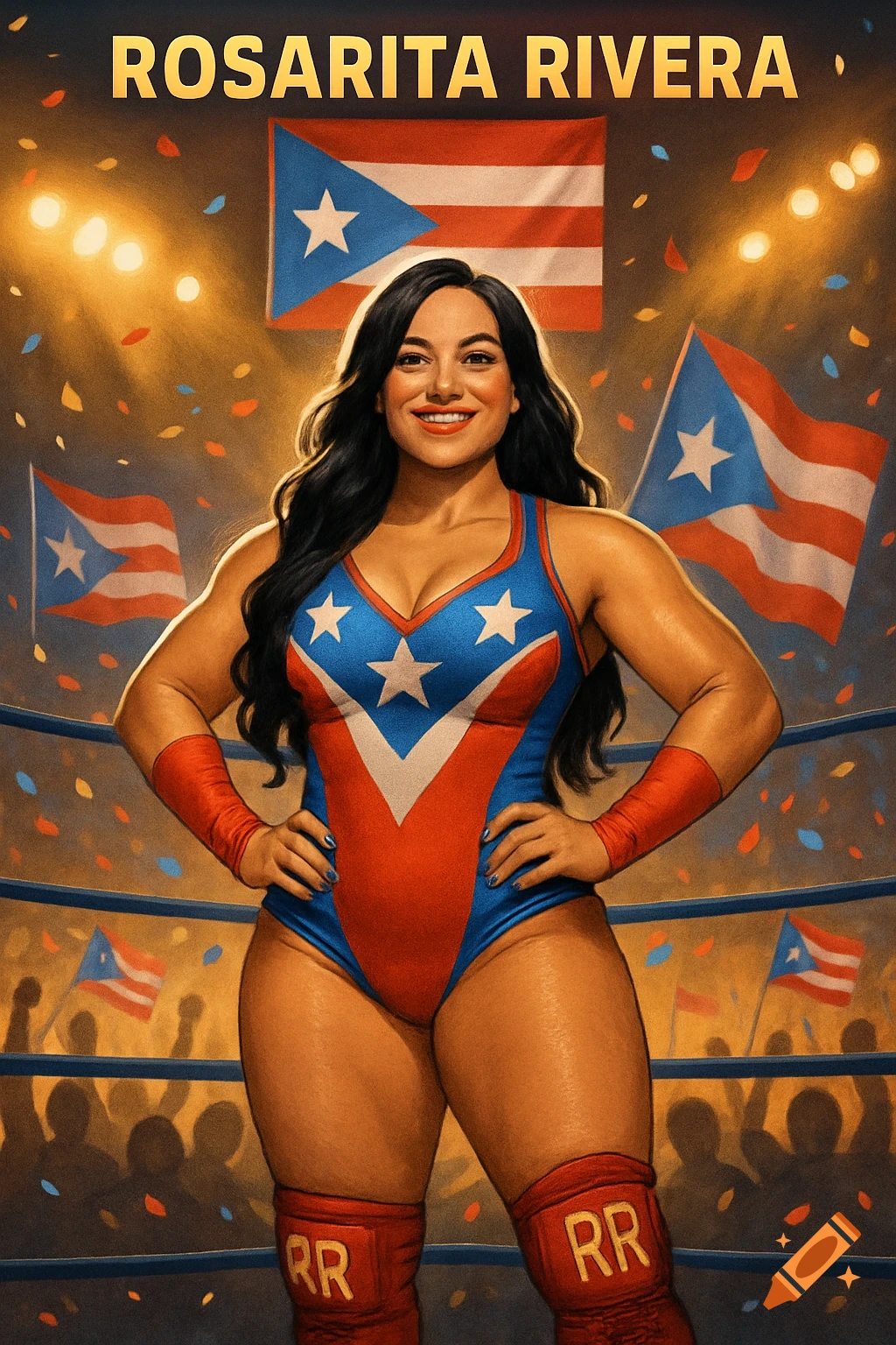 Smiling Puerto Rican female wrestler Rosarita Rivera in a red, white, and blue outfit, standing in a ring with flags and confetti.