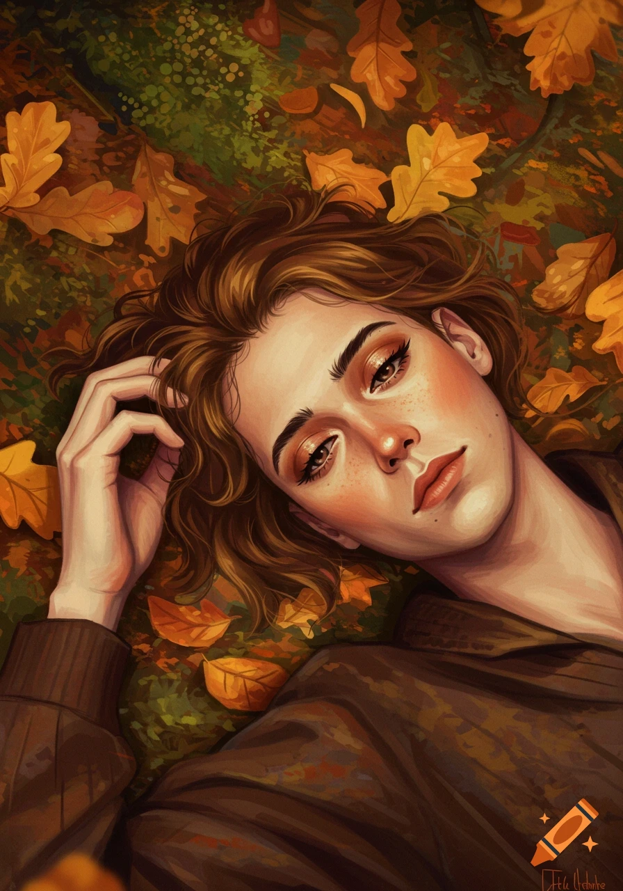 Digital painting of a person with brown hair lying on an autumn forest floor covered in leaves, with one hand near their head.