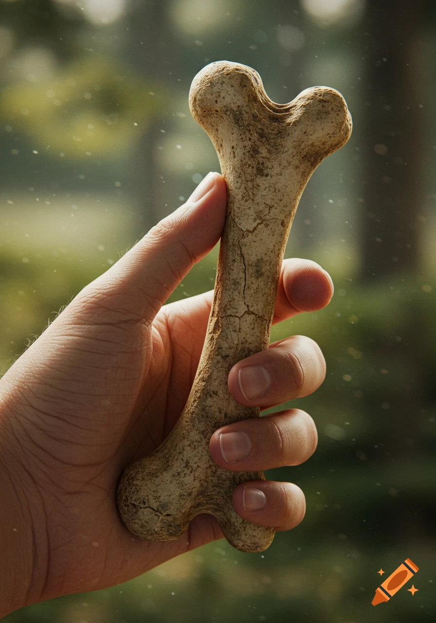 Close-up of a realistic hand holding an old, cracked bone against a blurry green background with sunlit dust particles.