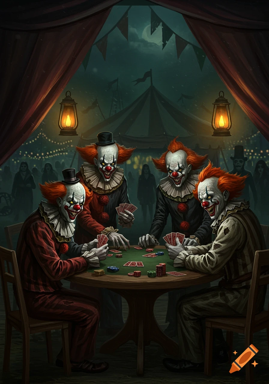 Four creepy clowns with red hair and painted faces play poker at a green table in a dimly lit carnival tent at night, with a fairground visible in the background.