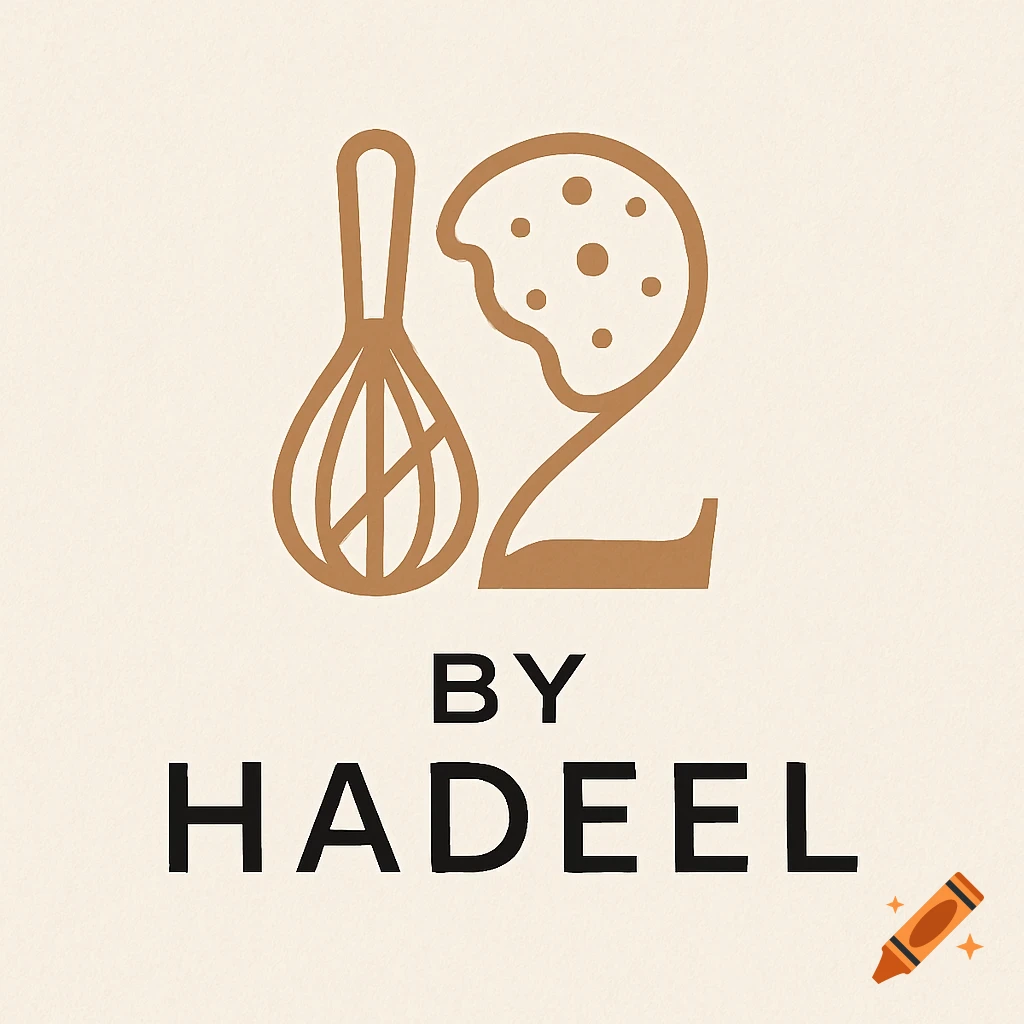 Minimalist logo for '12 by Hadeel' with a whisk and a cookie forming the number 12, on a cream background.