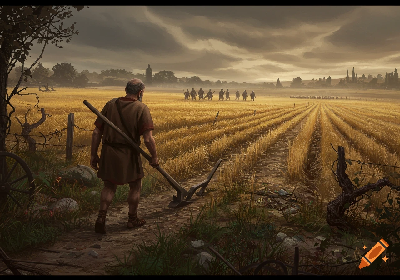 A farmer with a plow walks away from a golden field towards distant soldiers under a cloudy sky in a somber historical scene.