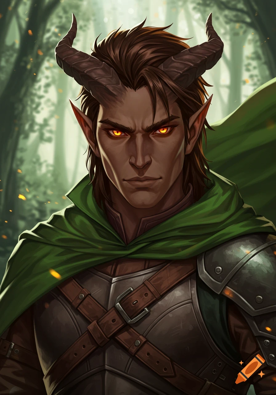 A serious brunette tiefling man with horns, glowing orange eyes, pointed ears, wearing a green cape and leather armor, stands in a forest.