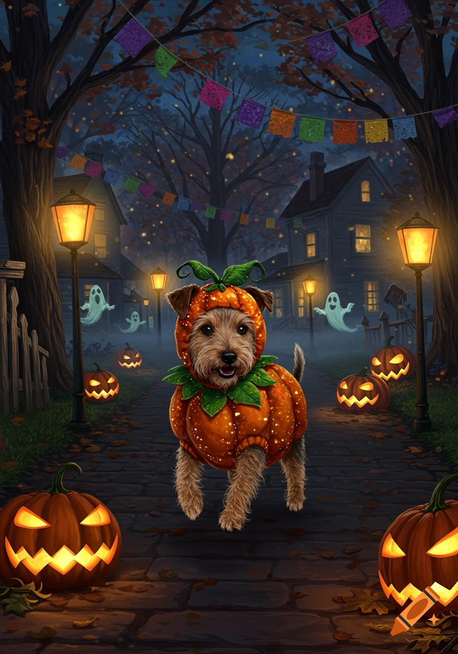 A small dog in a pumpkin costume on a Halloween street with jack-o'-lanterns, ghosts, and festive lights, digital art.