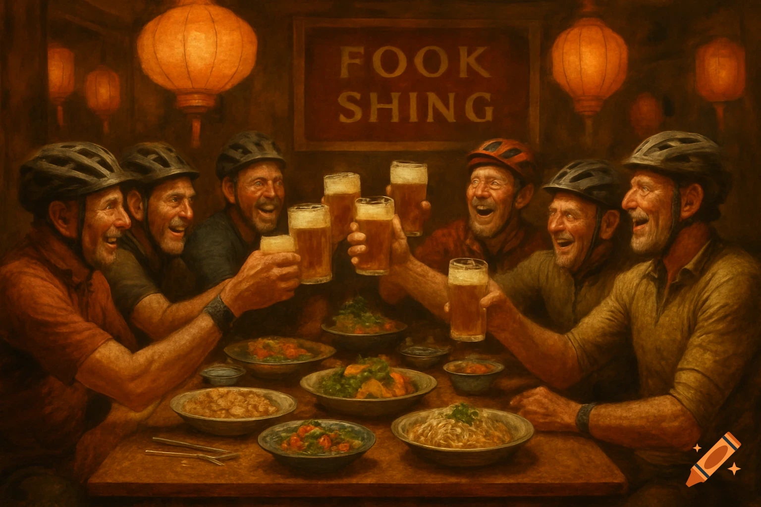 Six middle-aged cyclists in helmets laugh and toast beers around a table of Chinese food in a warmly lit restaurant, in a classic painting style.