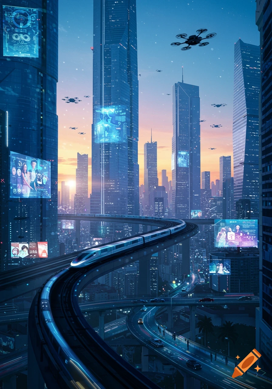 A futuristic cityscape with towering skyscrapers, an elevated maglev train, flying drones, and glowing digital billboards under an orange sunset sky.