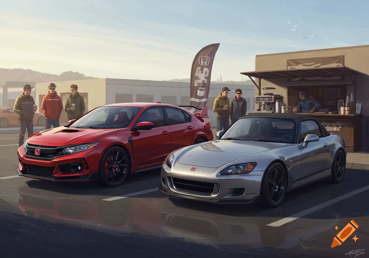 An illustrative painting of a red Honda Civic Type R and a silver Honda S2000 parked at an outdoor 'Cars and Coffee' event.