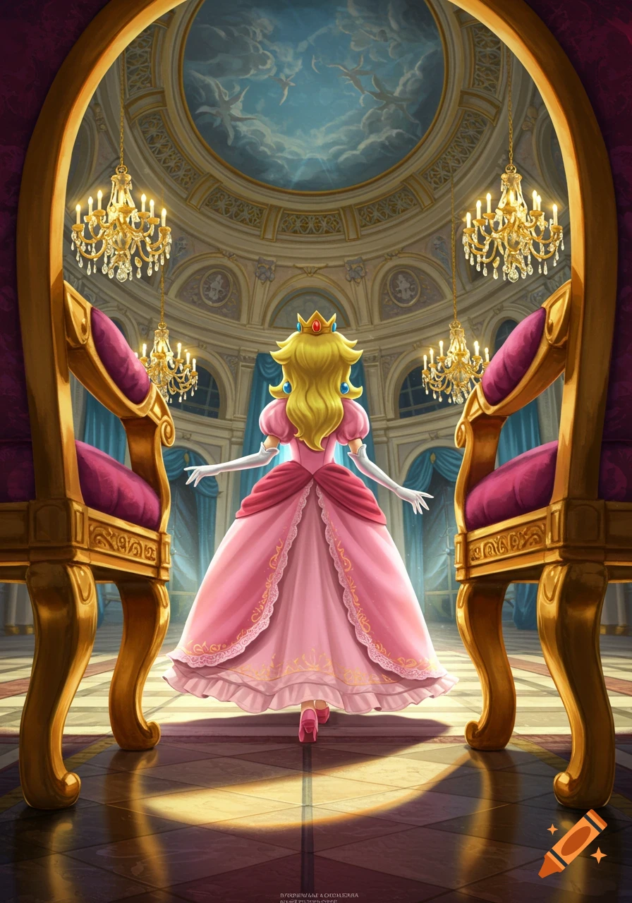 Princess Peach from behind in a pink gown and crown, walking towards a grand golden throne in an opulent castle hall.