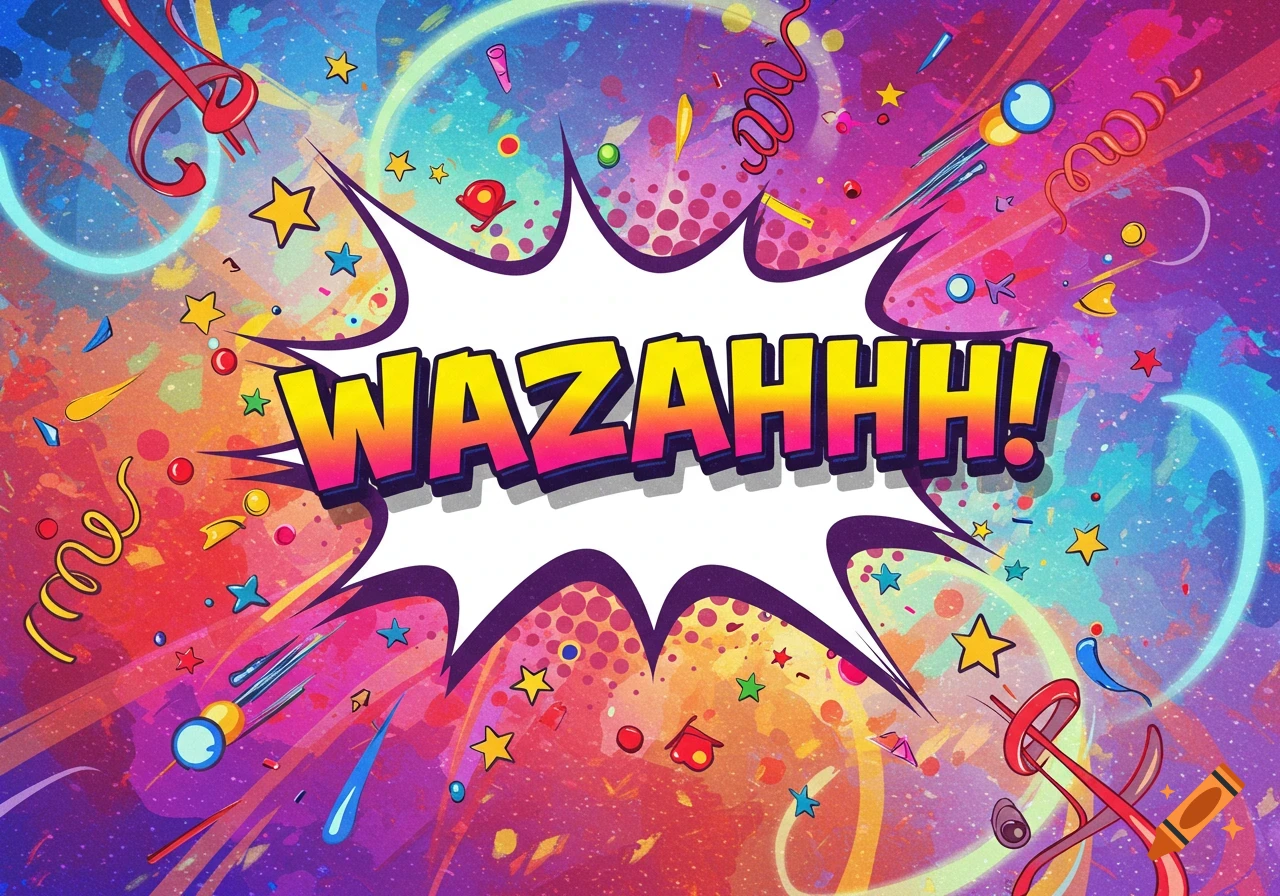 A vibrant, comic art explosion with 'WAZAHHH!' in a speech bubble, surrounded by colorful confetti and stars.