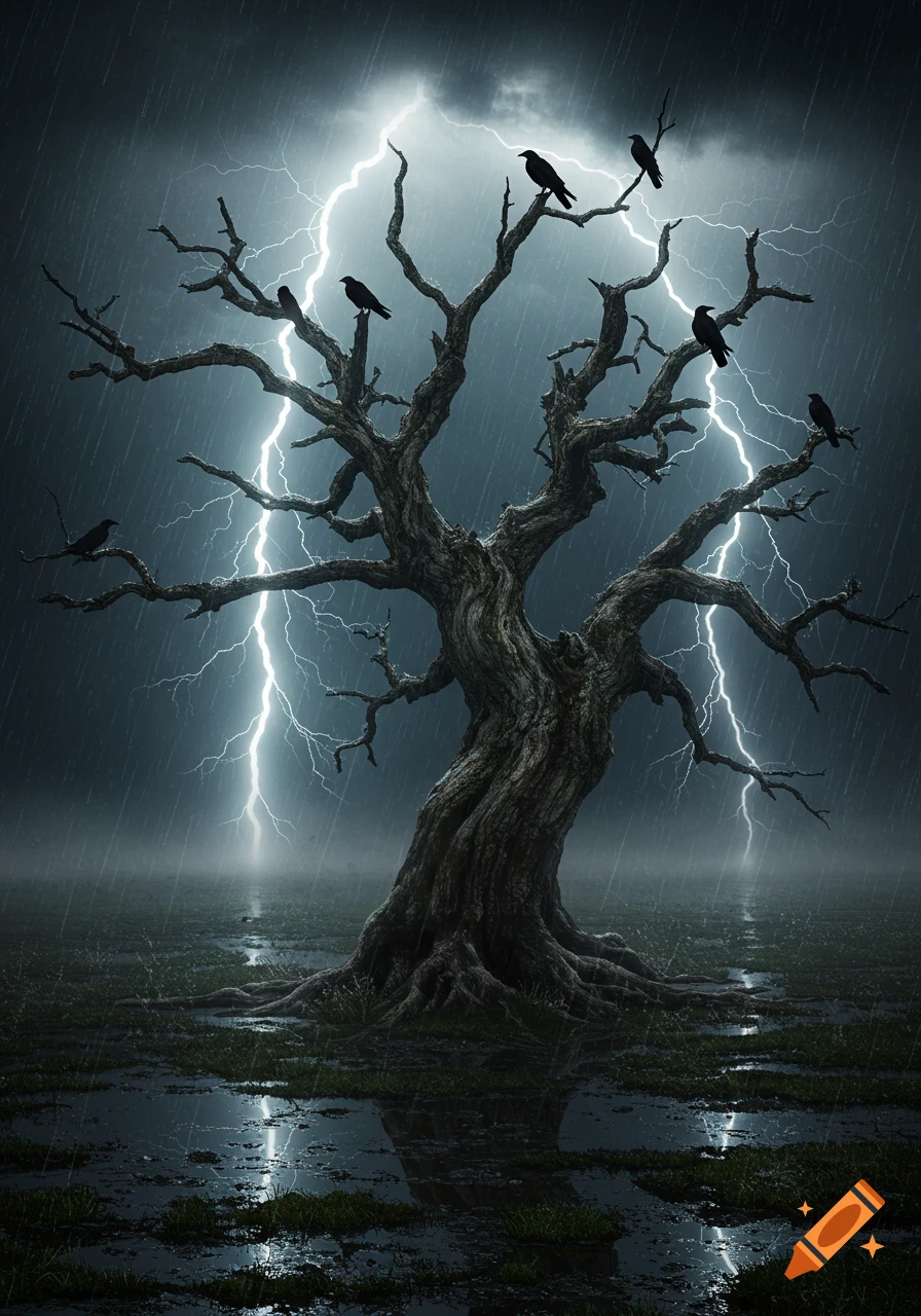 A gnarled, decaying tree with black crows under a furious lightning storm with heavy rain, mist, and reflective puddles.