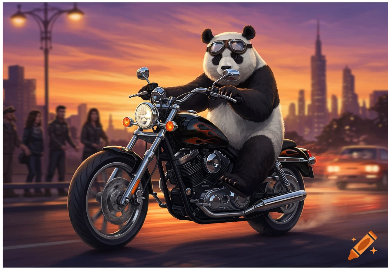 A panda wearing goggles rides a black motorcycle with flame decals down a city street at sunset. Stylized digital art.
