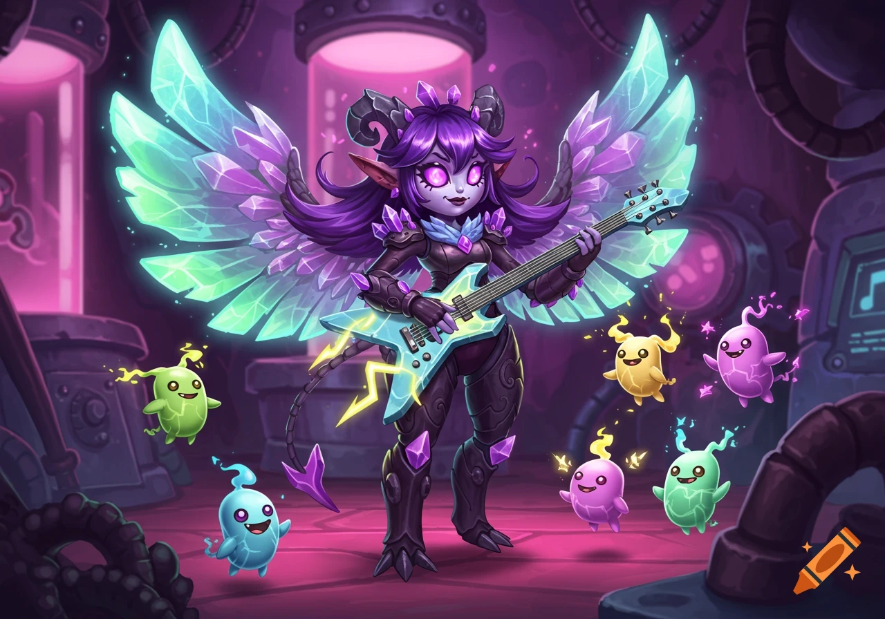 Cartoon monster Hex with crystalline wings plays a lightning guitar, surrounded by colorful Meebs in a vibrant lab.