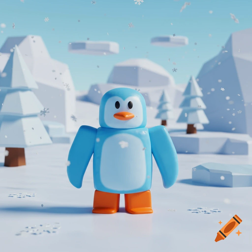 A blue, blocky cartoon penguin stands in a snowy winter landscape with trees and mountains, as snowflakes fall.