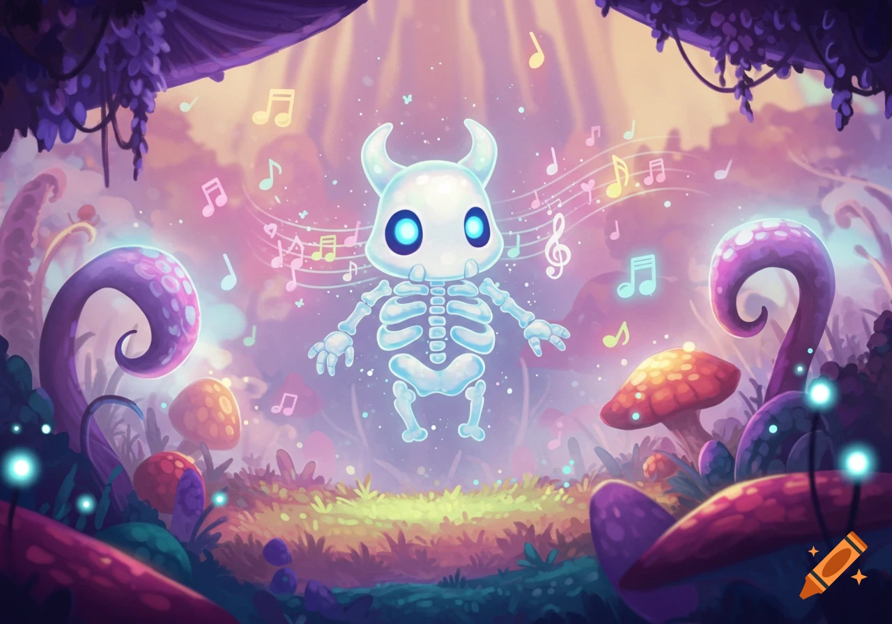 A whimsical, glowing white skeleton creature with blue eyes floats among musical notes in a vibrant purple fantasy mushroom forest.