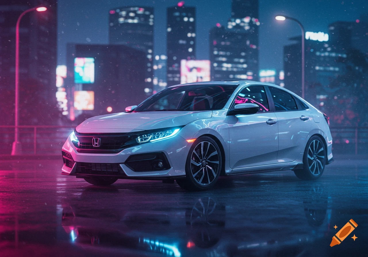 A white Honda Civic car sits on a wet city street at night, illuminated by neon pink and blue lights from surrounding buildings.