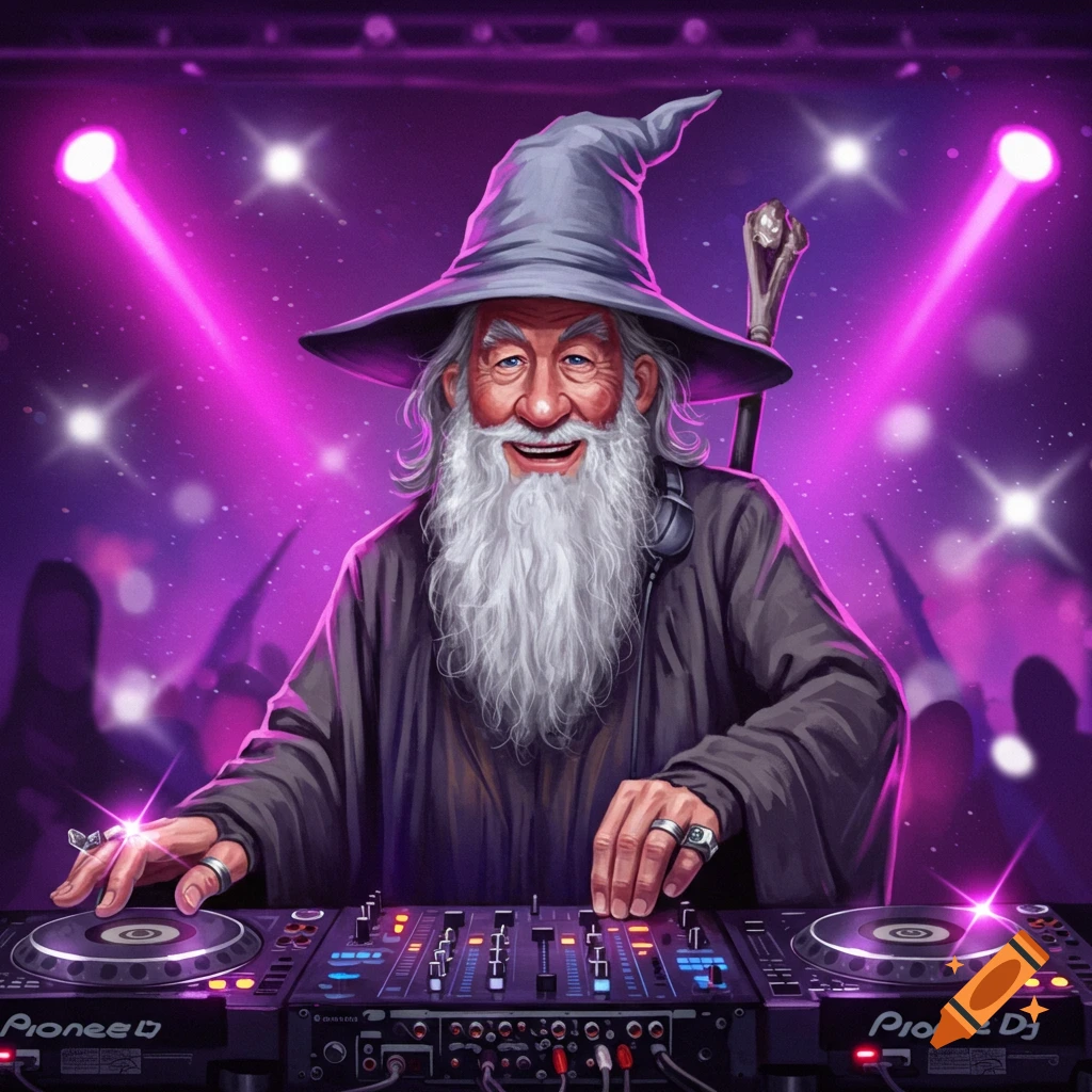 Gandalf as a DJ in a vibrant club, spinning records behind a console with purple and pink lights.