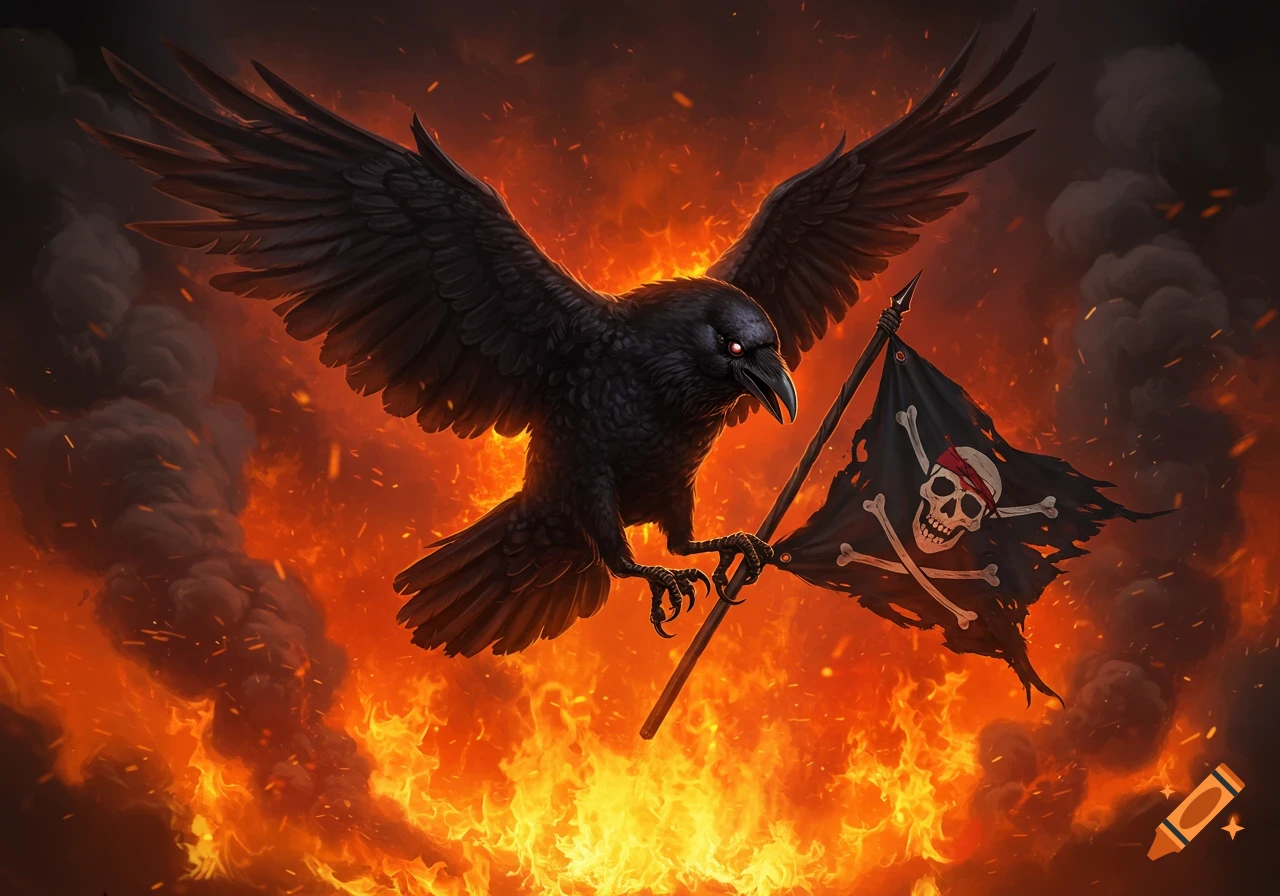 A majestic black raven with glowing red eyes flies triumphantly, holding a tattered Jolly Roger flag amidst blazing fires and smoke.