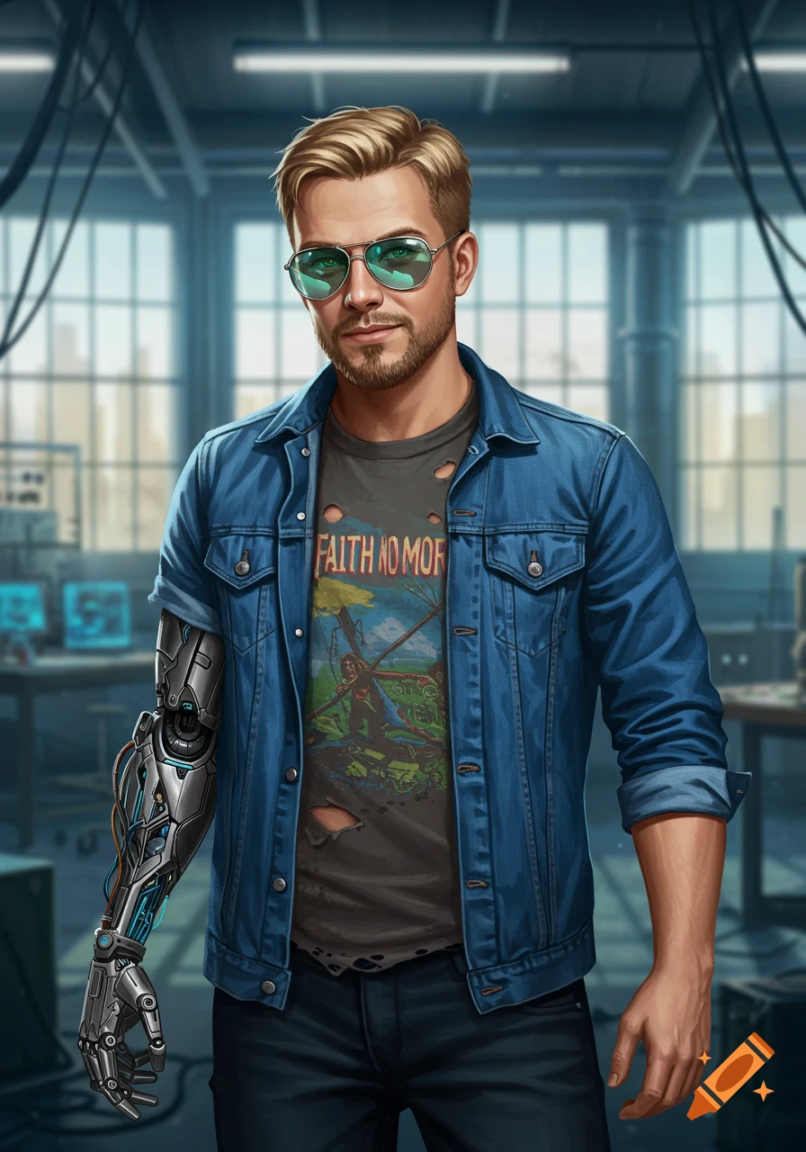 Young man with sandy blond hair, beard, sunglasses, jean jacket, and a cybernetic right arm in a tech workshop.
