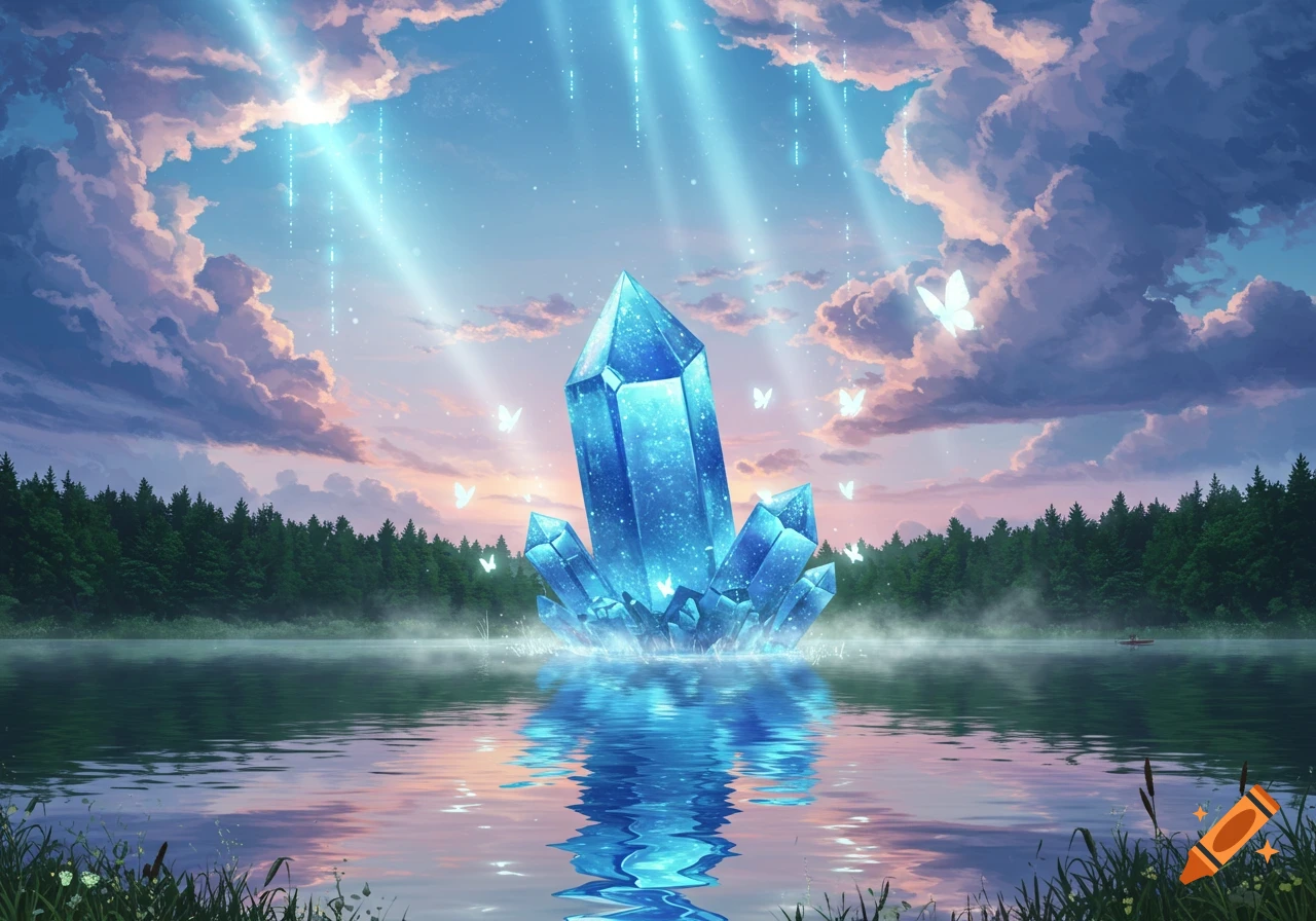 A large glowing blue crystal emerges from a serene lake surrounded by a forest under a cloudy sky with light rays and white butterflies.