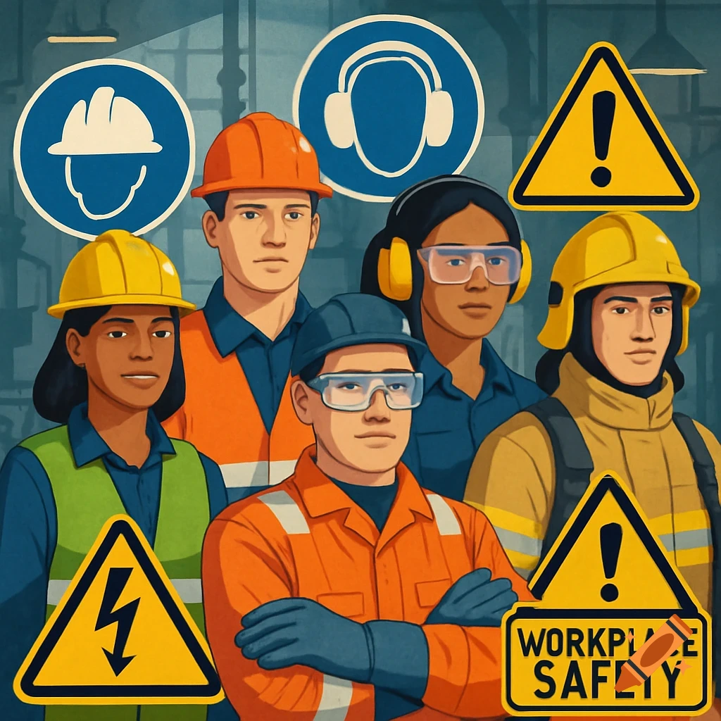Illustrative depiction of a diverse group of workers in various safety gear, surrounded by workplace safety signs.